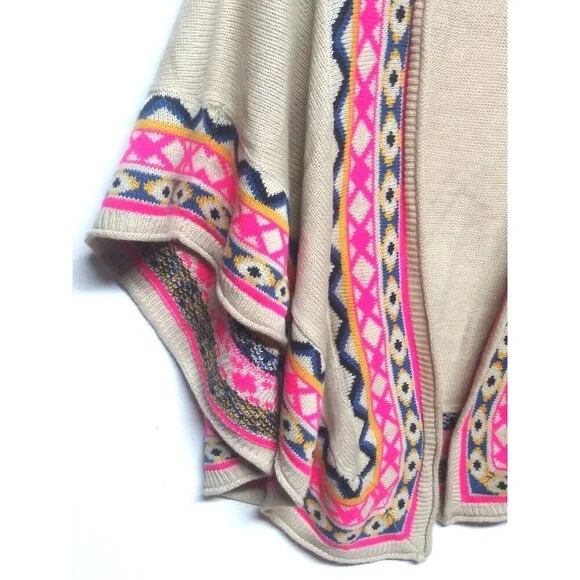 Fate Poncho Shawl Cape Wrap Tan Pink Boho Tribal Native Aztec One Size WARM EUC - Picture 6 of 10